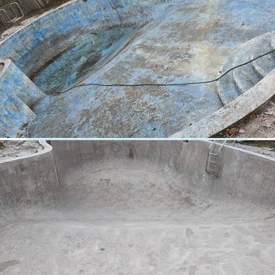 Concrete swimming pool before and after sandblasting: flaking blue paint stripped back to clean concrete