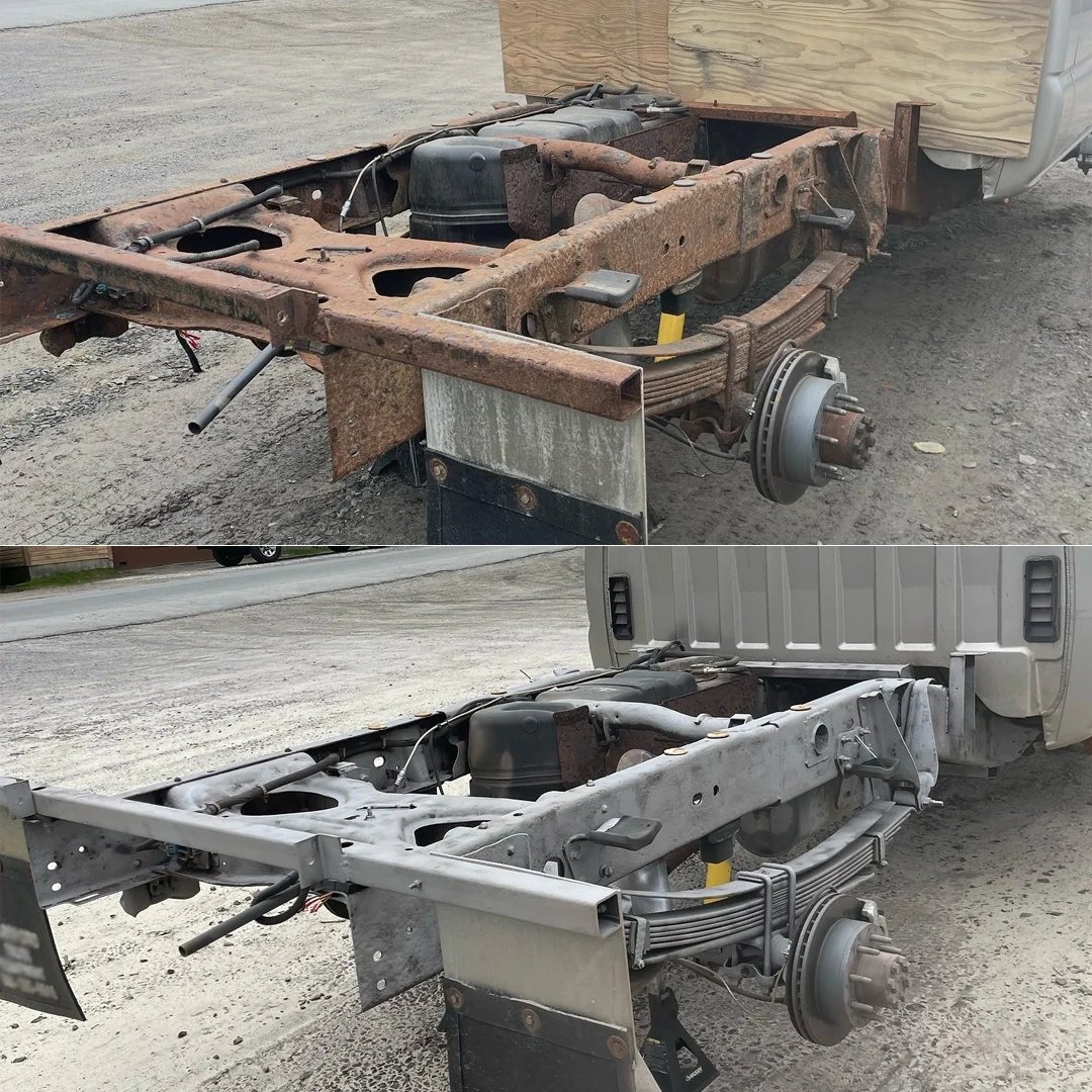 Truck chassis before and after sandblasting: heavy rust stripped back to clean steel